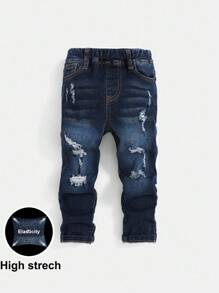 SHEIN 男童弹力腰部破洞牛仔裤 男童破洞牛仔裤 儿童破洞牛仔裤 儿童破洞牛仔裤 - 深色水洗藍 - 查看 1