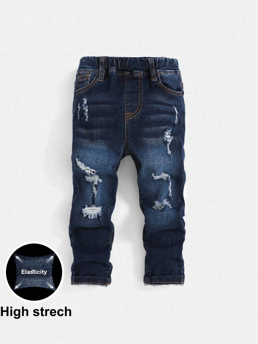 SHEIN 男童弹力腰部破洞牛仔裤 男童破洞牛仔裤 儿童破洞牛仔裤 儿童破洞牛仔裤 - 深色水洗藍 - 查看 1