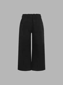 3件套少女休闲纸袋腰阔腿牛仔裤，适合秋冬季校园、学院风穿着。 - 黑與白 - 查看 8