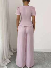 Elenzga 2pcs/Set Women V-Neck Waist Design Faux Pearl Decor Short Sleeve Top And Straight Leg Pants Set, Elegant - Pink - View 2