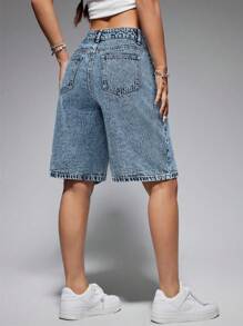 SHEIN ICON 女士休闲水洗宽松牛仔短裤 - 藍色 - 查看 2