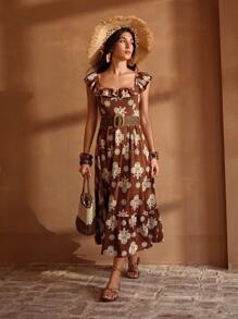 MOTF PREMIUM WOMEN SQUARE NECK HOLLOW OUT EMBROIDERED WAIST BUCKLE BELTED LONG DRESS - Brown - View 5