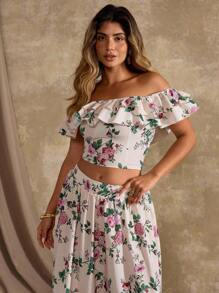 Flirla 2pcs/Set Plus Size Women French Floral Print Ruffle Shoulder Blouse And Skirt Women Summer Clothing Women Skirt Birthday - Multicolor - View 3