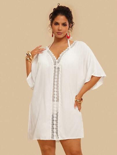 Travachic Vestido tipo pareo de talla grande con recorte de encaje tipo raglan para cubrir en la playa