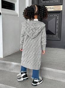 SHEIN Áo len cardigan dài quá khổ cho bé gái có mũ trùm đầu, phong cách thường ngày - Xám - Xem 2
