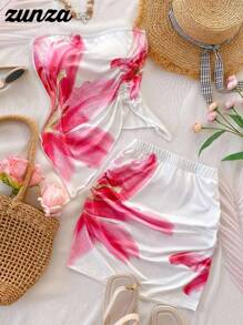 Teen Girls Floral Print Cropped Tube Top And Mini Skirt Two-Piece Casual Vacation/Outdoor Outfit