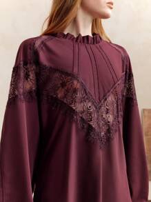 EMERY ROSE 女士荷叶边蕾丝拼接长袖休闲度假两件套 - 紫色 - 查看 4