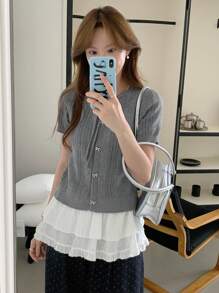 Livesso 女式夏季圆领针织开衫，带蝴蝶结，秋装 - 灰色 - 查看 5