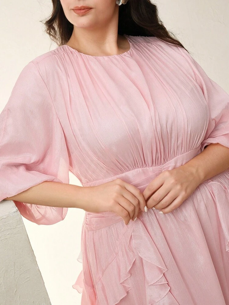 Elegant Women's Puff Sleeve A-Line Dress With High Waist, Powder Pink, Graceful