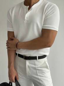 DAZY Camiseta de verano para hombres con cuello de botones y manga corta informal con unicolor