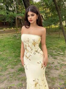 SHEIN ICON 女士亮片花卉图案紧身亮片装饰抹胸连衣裙 7 月 4 日女士服装 - 黃色 - 查看 7
