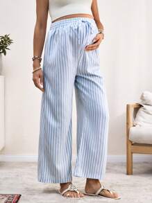 SHEIN Elastic Waist Striped Wide Leg Pants For Maternity - Blue - View 6