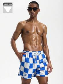 Surfspeed Men's Checkered Drawstring Waist Beach Shorts, Summer - Blue and White - View 1