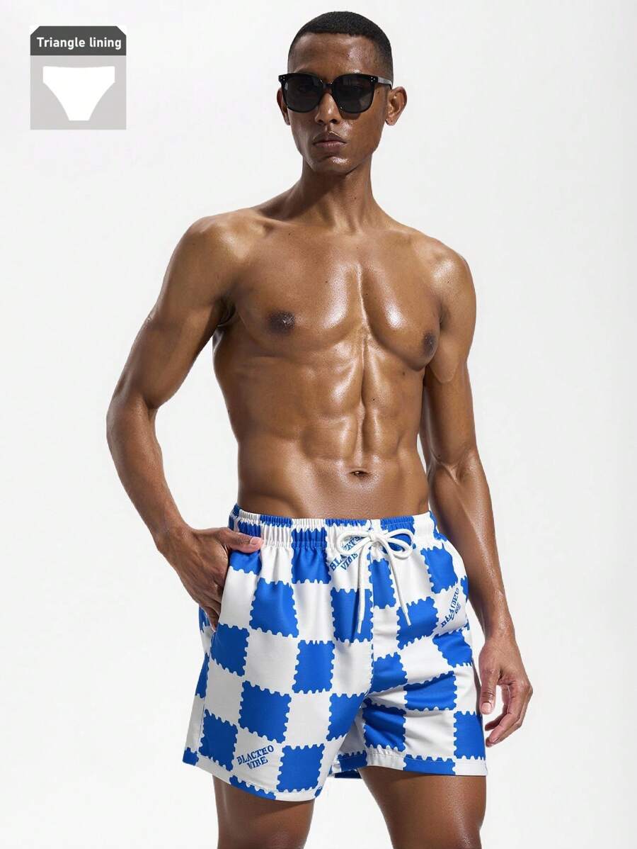 Surfspeed Men's Checkered Drawstring Waist Beach Shorts, Summer - Blue and White - View 1
