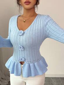 Elenzga Minimalist Fashion Hollow Out Lace Trim Pullover Flare Sleeve Knit Sweater Knit Pullover Fall Winter - Baby Blue - View 3