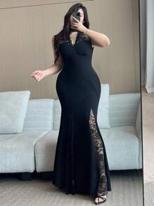 Vibekara Đầm Maxi Đen Ôm Sát Cổ Chữ V Cổ Chữ V Cài Nút Ren Viền Hoa Co Giãn Cao Thanh Lịch Vạt Áo Nàng Tiên Cá Cho Kỳ Nghỉ, Tiệc Tùng, Sự Kiện, Hẹn Hò - màu đen - Xem 5