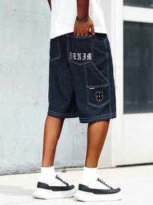 Manfinity Homme Men's Pocket Design Loose Casual Versatile Denim Knee Length Wide Leg Shorts - Medium Wash - View 2