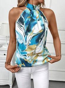 SHEIN Clasi 女士大理石印花荷叶边扭结露背无袖上衣，夏季度假风格 - 彩色 - 查看 3