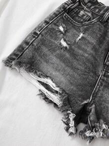 SHEIN Pantaloni scurți din denim rupti, cu talie înaltă, stil boho, casual, pentru fete preadolescente, cu tiv zdrențuit și buzunare uzate, ținută de vară pentru fete, pentru vacanță la plajă, ținute de vară pentru concerte, festivaluri, rave, ținute de vară pentru fete, brunch de absolvire.