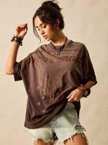 Easelle Women's Fashion Boho Round Neck Batwing Sleeve Coffee Brown Knit T-Shirts With Print For Summer Outfits Western Nomadic Graphic Tees