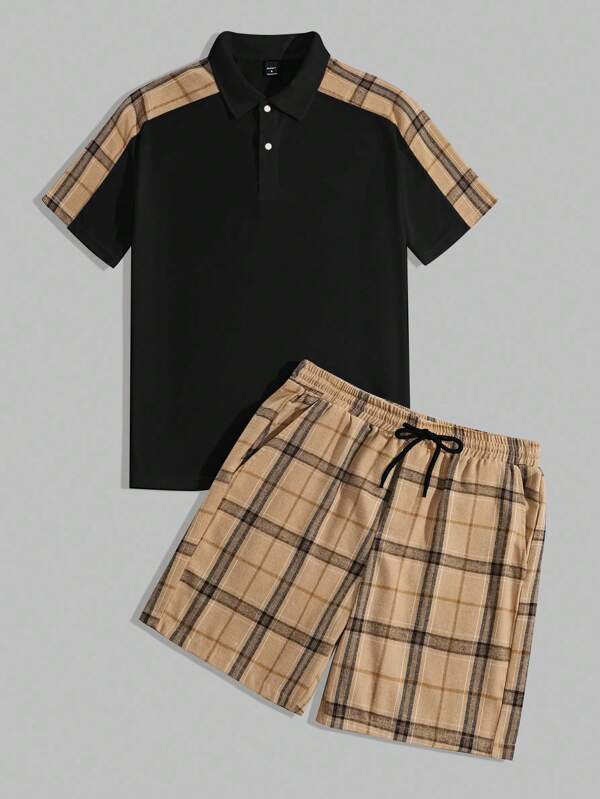 Manfinity RelaxMax Ensemble polo et short casual d'été pour homme en patchwork à carreaux, vêtements d'automne