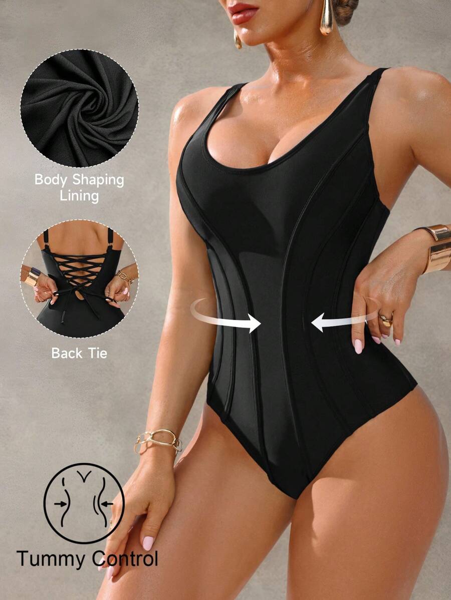 Shapewave 1pc Women's Tummy Control Push-Up Monokini One-Piece Swimsuit, Dark Blue Elegant Casual For Spring/Summer Vacation, Beach, Party, Music Festival - Black - View 1