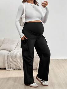 SHEIN Fall Clothes Maternity Solid Flap Pocket Cargo Black Pants  Going Out Outfits - Black - View 4
