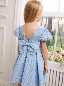 Young Girl Jacquard Knit Mesh Patchwork Puffy Sleeve Snug Fit Dress - Blue - View 1