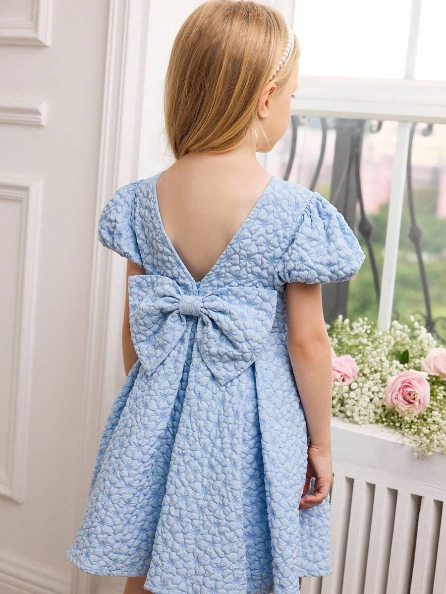 Young Girl Jacquard Knit Mesh Patchwork Puffy Sleeve Snug Fit Dress - Blue - View 1