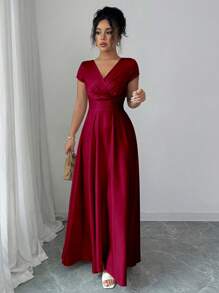 Elenzga Vestido elegante y romántico de línea A con cuello en V rojo y fruncido para mujeres, disfraz de Halloween - Rojo - Ver 4