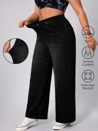 Flexra Plus-size dames zacht gewassen elastische taille losse wijde pijpen jeans