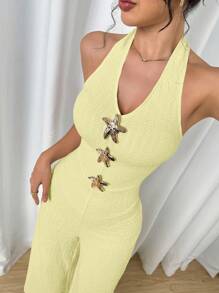 Modelyn Metalschnallen Trägerhemd ohne Ärmel & Jumpsuit mit weitem Bein Set für Damen - Gelb - Übersicht 6