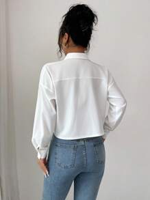 Elenzga Women's Cropped Drop Shoulder Long Sleeve Blouse Women Shirt - White - View 2