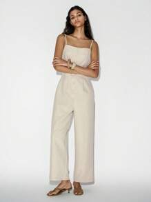 Lumivelle 女式休闲简约纽扣设计腰长吊带连体裤 - 杏色 - 查看 1