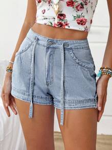 Breezaya Women's Casual Belted Pocket Denim Shorts, Versatile - Blue - View 8