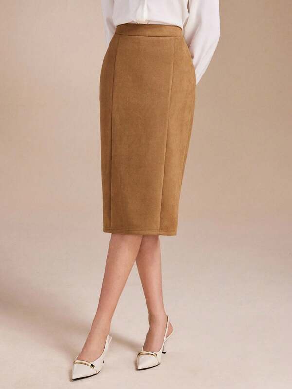 Spring Affair Suede Solid Color Fitted Knee Skirt, Casual,  Business, Teacher Outfits For Women, Fall Women Outfits, Work Women Clothes, Formal And Modest Outfits, Old Money