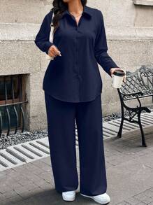 Calvaya Women's Solid Color Pleated Back Top And Wide Leg Pants Casual Suit - Navy Blue - View 2