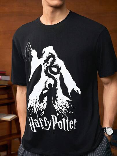 HARRY POTTER X SHEIN 여름 남성 캐주얼 스트리트 스타일 드래곤 & 피규어 그래픽 반팔 블랙 티셔츠