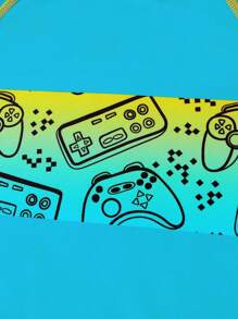 青少年男童两件套泳衣套装 - 电子游戏印花泳裤（带防晒衣），夏季沙滩装 - 青碧色 - 查看 6