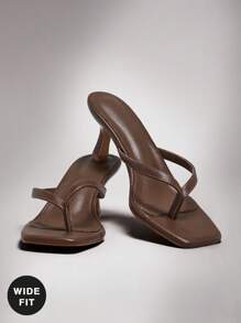 SHUZIA 干净女孩美学宽版方头亮面棕榈印花 PU 深橄榄色高跟人字拖凉鞋 - 高级版加大码款式，适合早午餐到晚宴 - 橄欖綠 - 查看 6