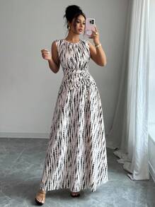 Elenzga Women's Elegant Casual Maxi Dress Sleeveless Round Neck Knot Detail Long Dress In Abstract Black And White Print Long Summer Dress Sleeveless Maxi Dress Ankle Length Dress Printed Maxi Dress - Multicolor - View 3