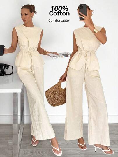 Siren Gaze 2 件套女士休闲纯色系带短款上衣和裤子套装，夏季