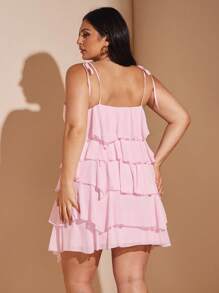 SHEIN BAE Vestido de verano de vacaciones en la playa de talla grande de color rosa claro sólido, vestido de gasa con volantes de loto para festival de música