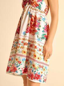 CAJUNI 女式夏季波西米亚风热带花卉印花镂空后系带腰休闲沙滩短款度假连衣裙 - 彩色 - 查看 7