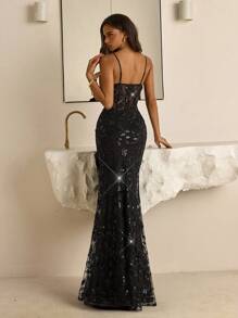 Vowa Thời trang, Gợi cảm, Tiên phong, Lưới, Bóng, Đen, Thêu hạt, Áo ngực dây mảnh, Trong suốt, Hở lưng, Chi tiết buộc dây, Váy dài đuôi cá, Thích hợp đi hộp đêm, Tiệc tùng, Bãi biển, Kỳ nghỉ, Váy dạ hội trang trọng dành cho nữ (Phong cách nặng nề) - màu đen - Xem 4