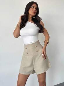 Firerie Short femme élégant et minimaliste à taille haute avec boucle métallique, rayures kaki ample. Convient pour le trajet domicile-travail, l'usage quotidien, le bureau, l'aéroport, les voyages et les sorties - Kaki - Voir 6