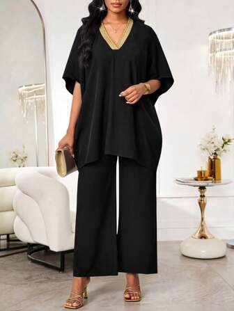 SHEIN Lady Ensembles femme deux pièces, chemise ample avec nœud doré et pantalon large taille élastique. Ensembles décontractés pour femme pour les vacances. Ensembles femme 2 pièces pour femme tenue décontractée, femme bohème, vêtements africains femme, tenues de plage pour femme