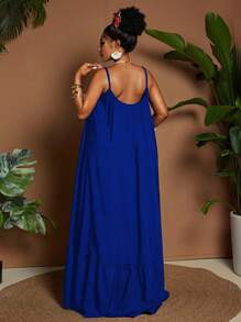 Maweii Plus Size Women Solid Color Casual Vacation Daily Wear Sleeveless Off Shoulder Ruffle Patchwork Loose Flared Maxi Dress, Summer