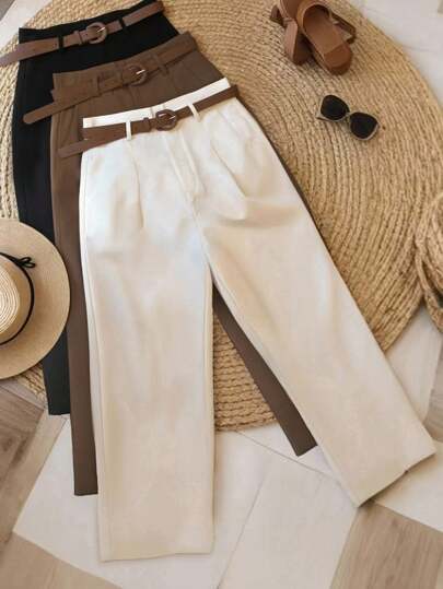 بنطلون كاجوال أسود وأبيض للنساء، مناسب للتنقل والخارج والمكتب، للصيف والخريف (الحزام غير مشمول)