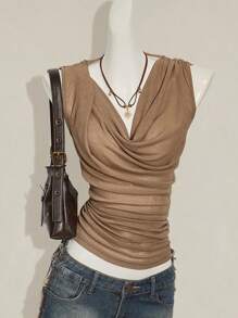 SHEIN ICON Débardeur ample au décolleté plongeant avec perles, dos nu, style américain, polyvalent